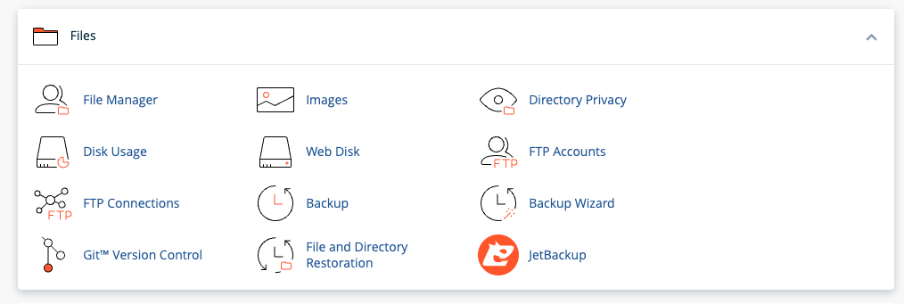 Screenshot of the files area in CPanel 